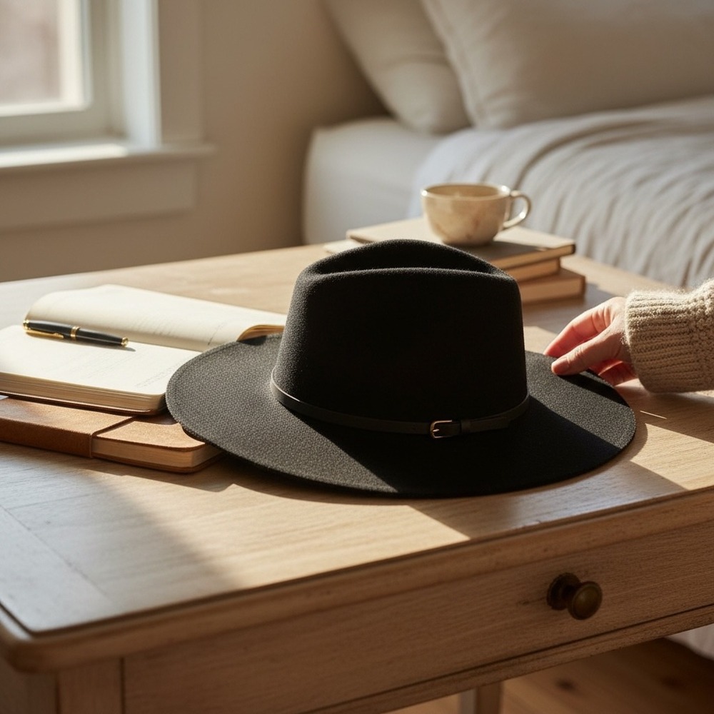 Zara Black Wide Brim Fedora Hat Wool Felt Pinched‎ Crown Buckle Band Size M 58cm